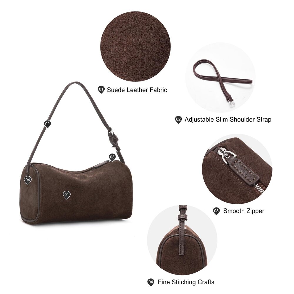 2417 Suede Leather Crossbody Bag : Small Barrel Purse - Designer Hobo Bags - Picture 4 of 7